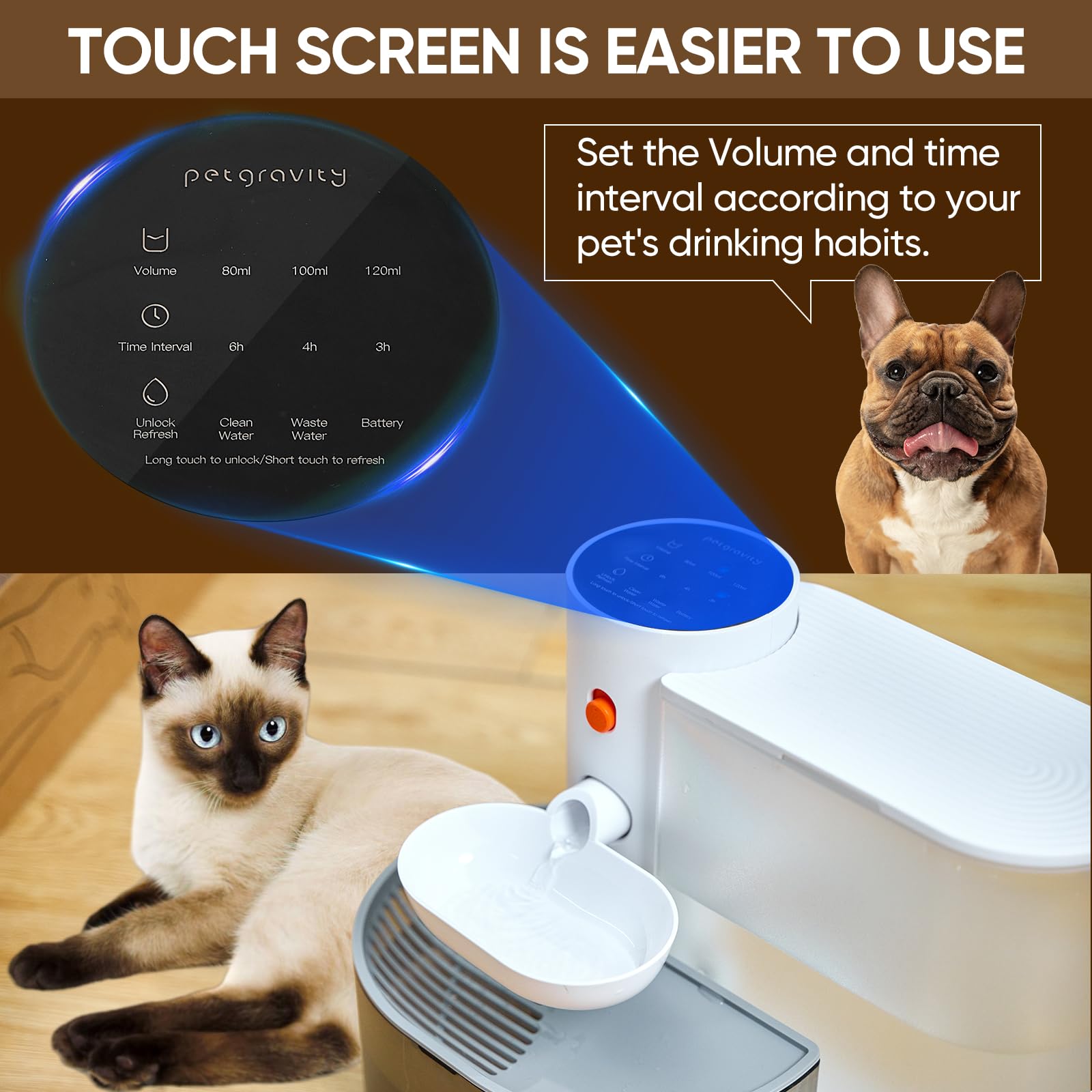 RainPOT automatic pet water fountain side view emphasizing cordless placement ease