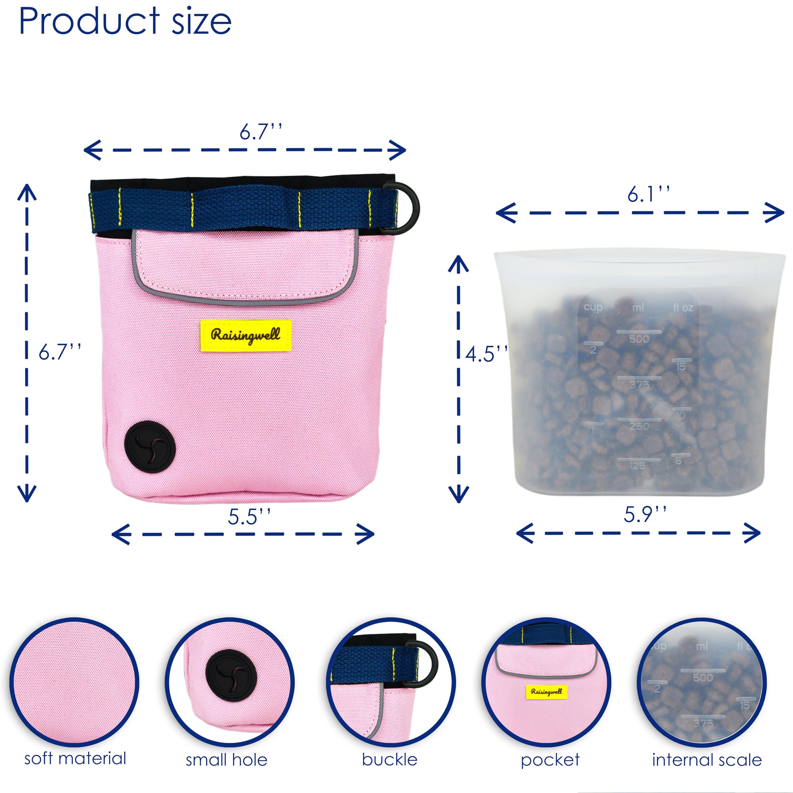Raisingwell 2cup silicone bag inside the pouch keeps treats fresh on outings.
