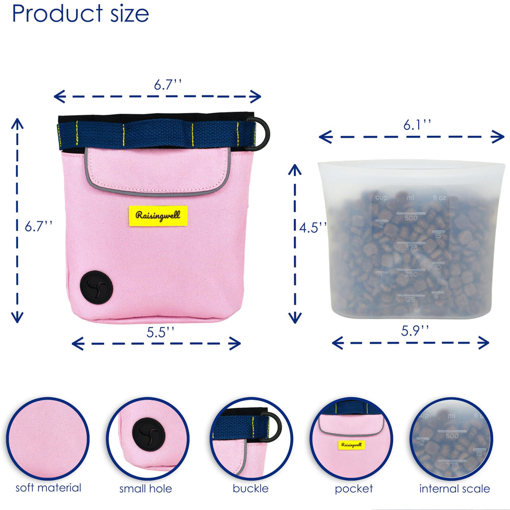 Raisingwell 2cup silicone bag inside the pouch keeps treats fresh on outings.