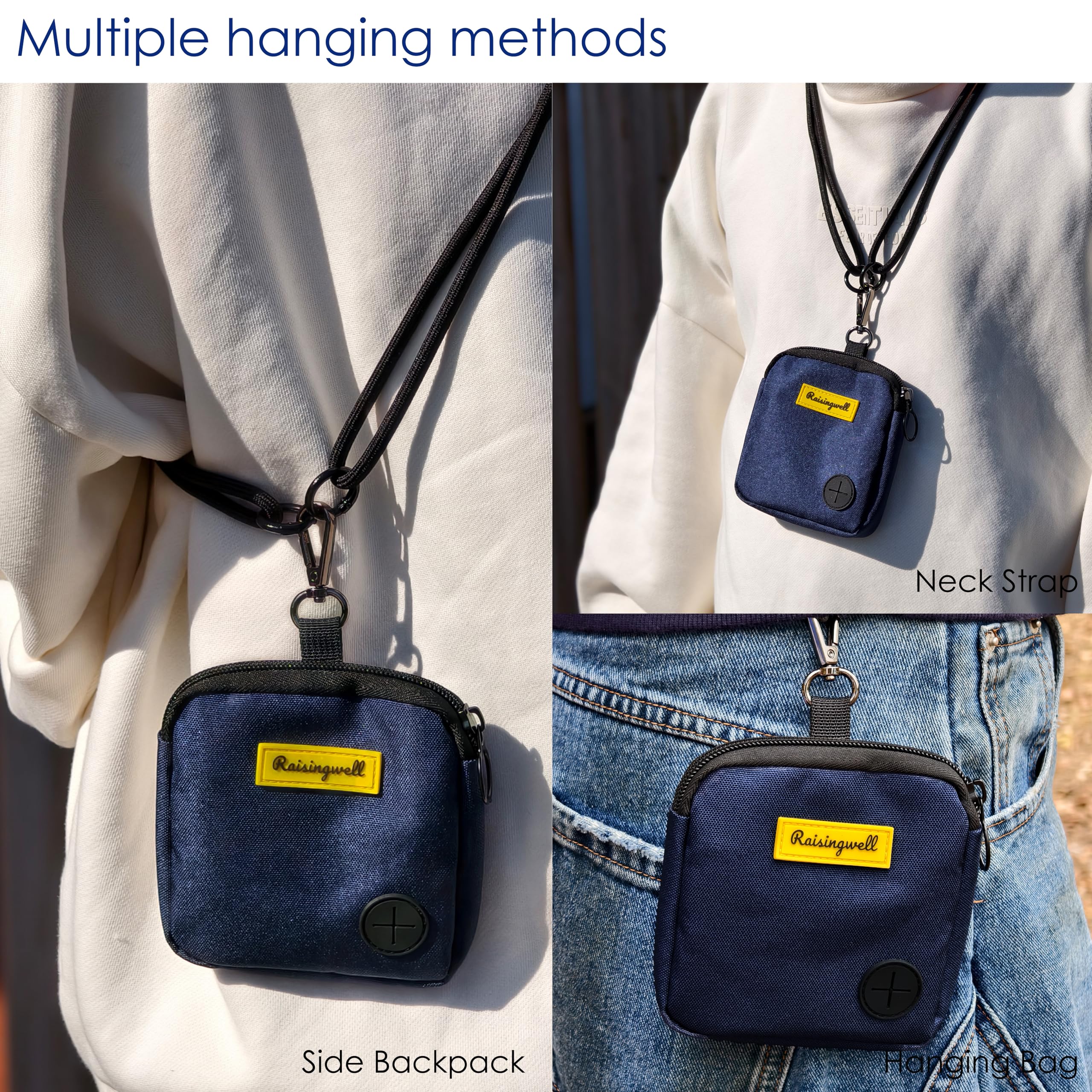 Raisingwell dog treat pouch blue includes carabiner and strap for versatile carrying