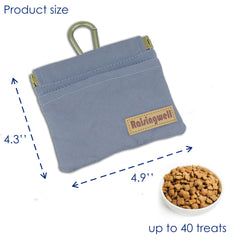 Raisingwell dog treat pouch with carabiner attached to leash for easy hands-free use.