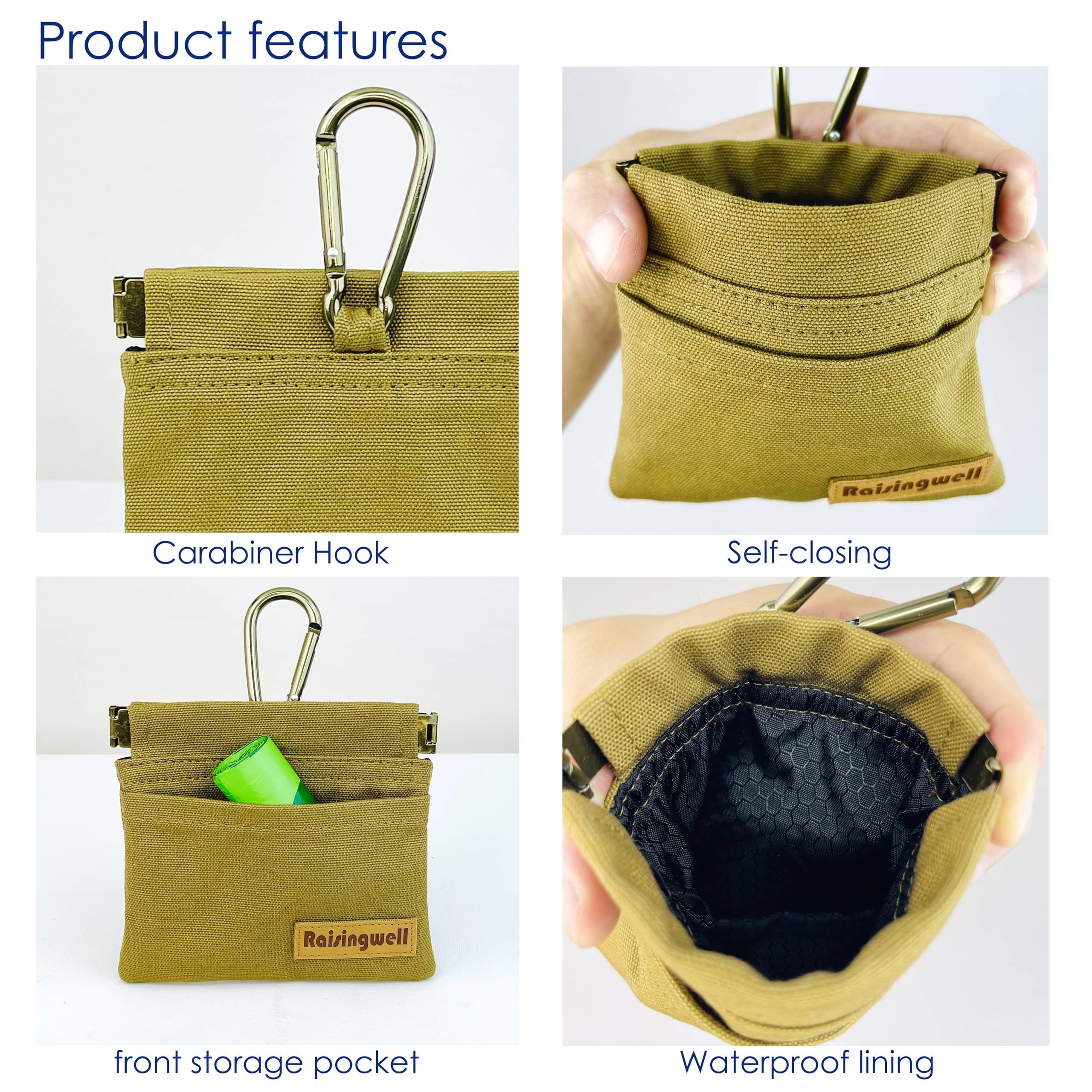 Raisingwell dog treat pouch with carabiner attached to leash for easy reach