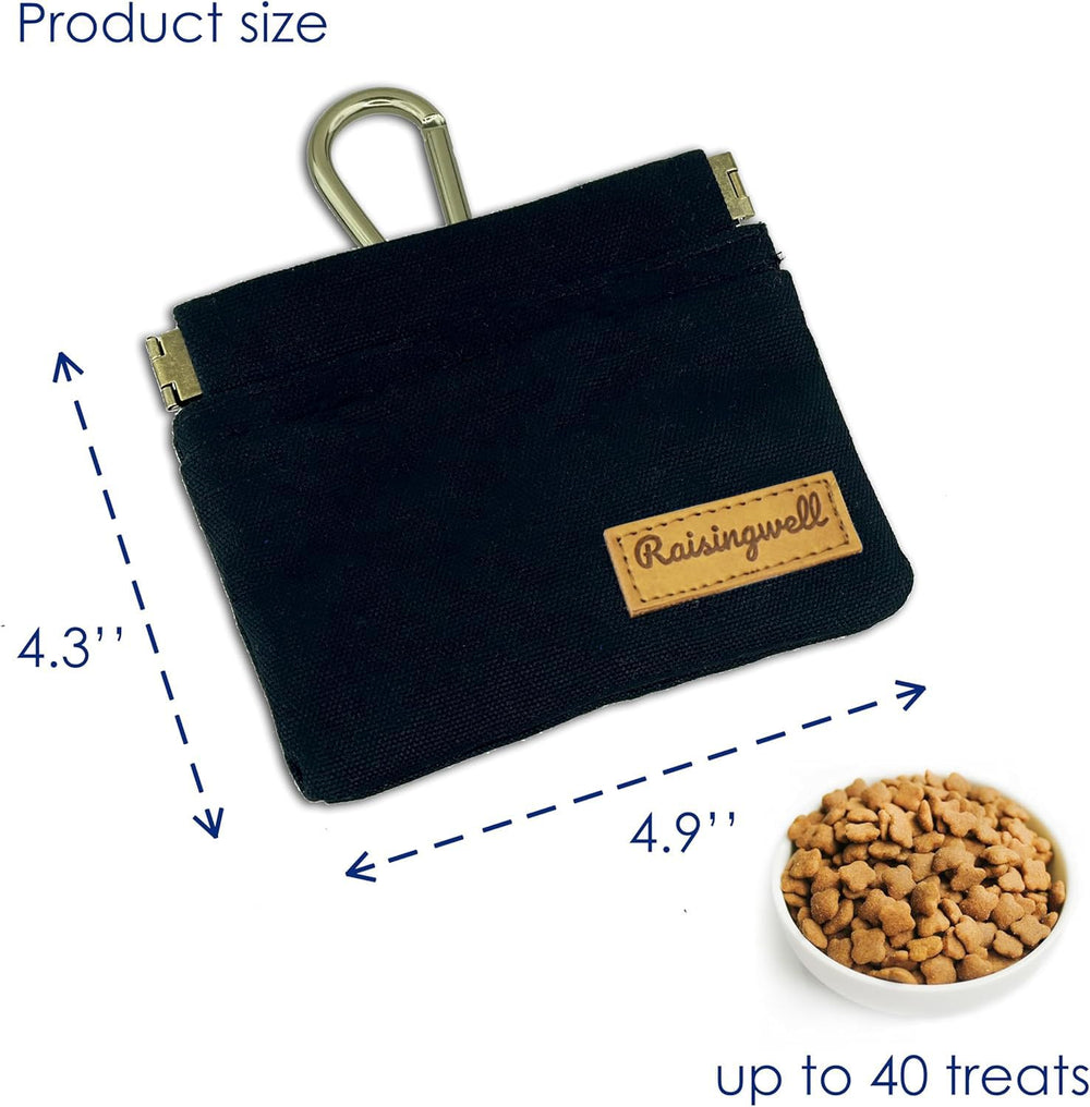 Raisingwell dog treat pouch with carabiner attachment for secure leash use.