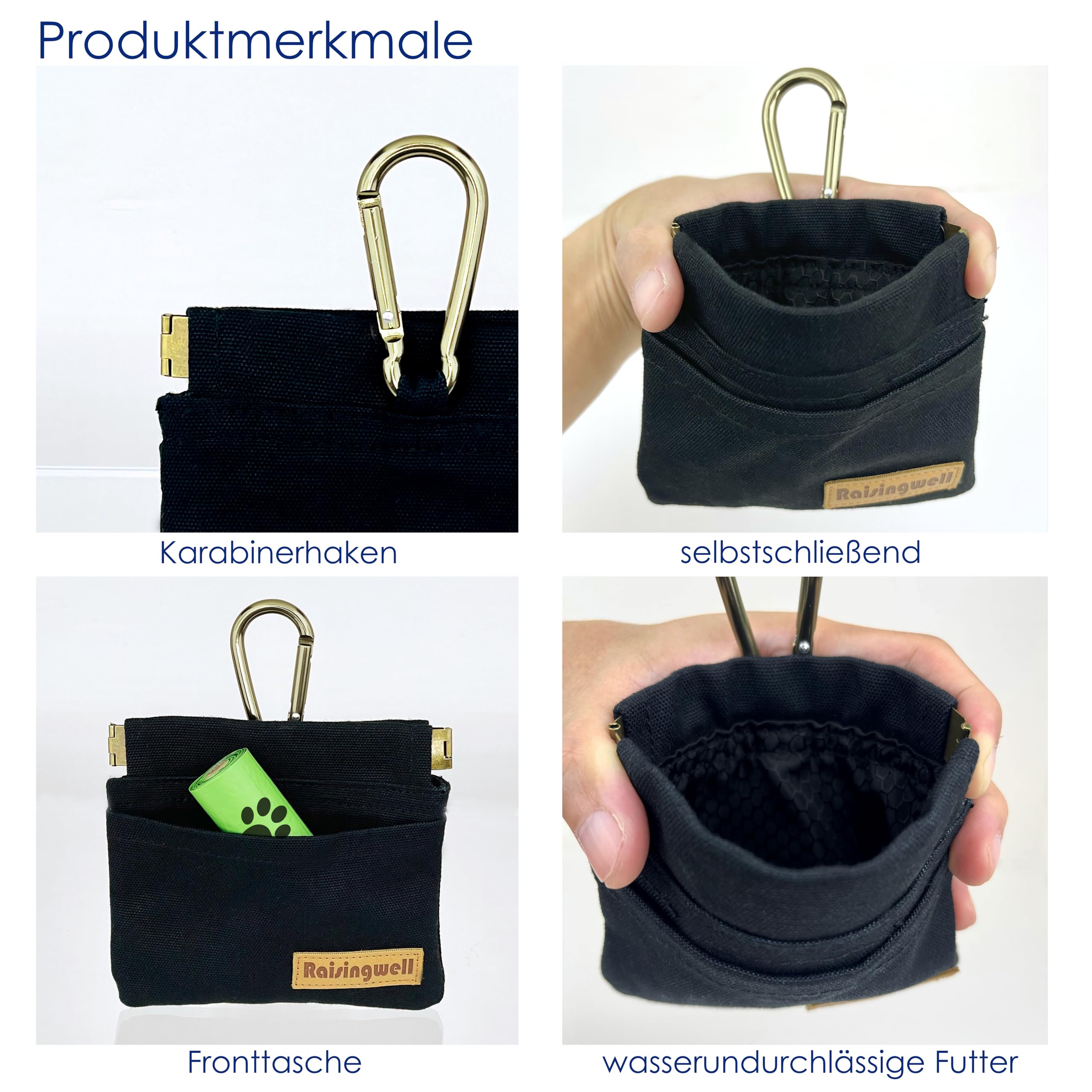 Raisingwell dog treat pouch demonstrating one-handed use and quick snack access.