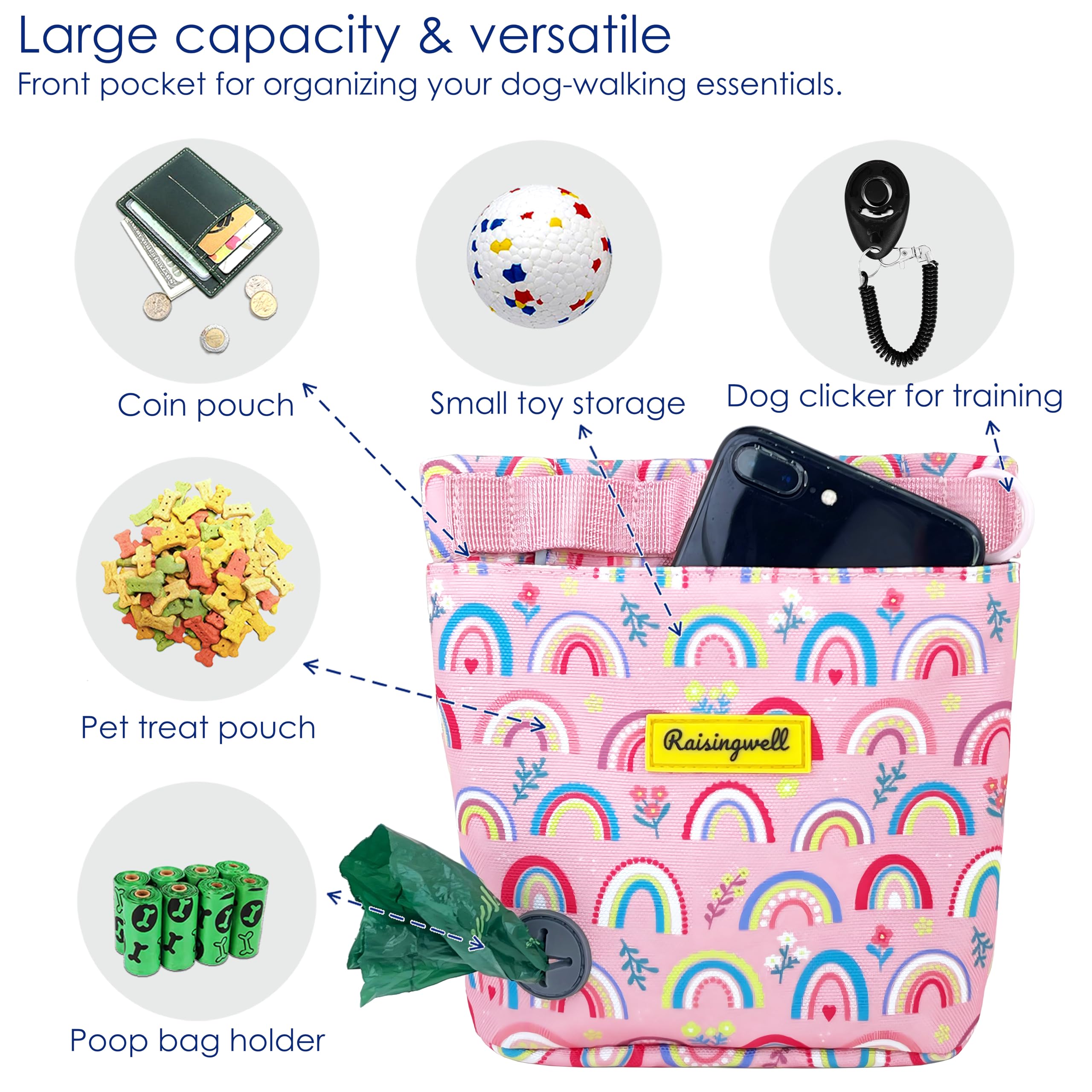 Raisingwell dog treat pouch front pocket holds phone for convenient on-the-go use.