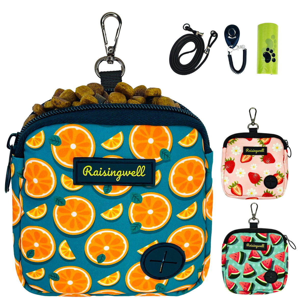 Raisingwell dog treat pouch front view with fruit-orange pattern for quick snacks on walks.