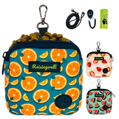 Raisingwell dog treat pouch front view with fruit-orange pattern for quick snacks on walks.