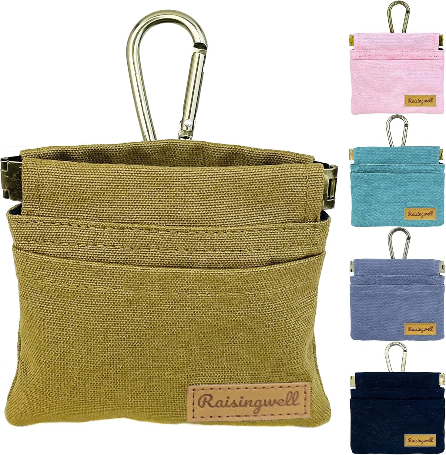 Raisingwell dog treat pouch front view showing pocket-sized convenience for hands-free walking