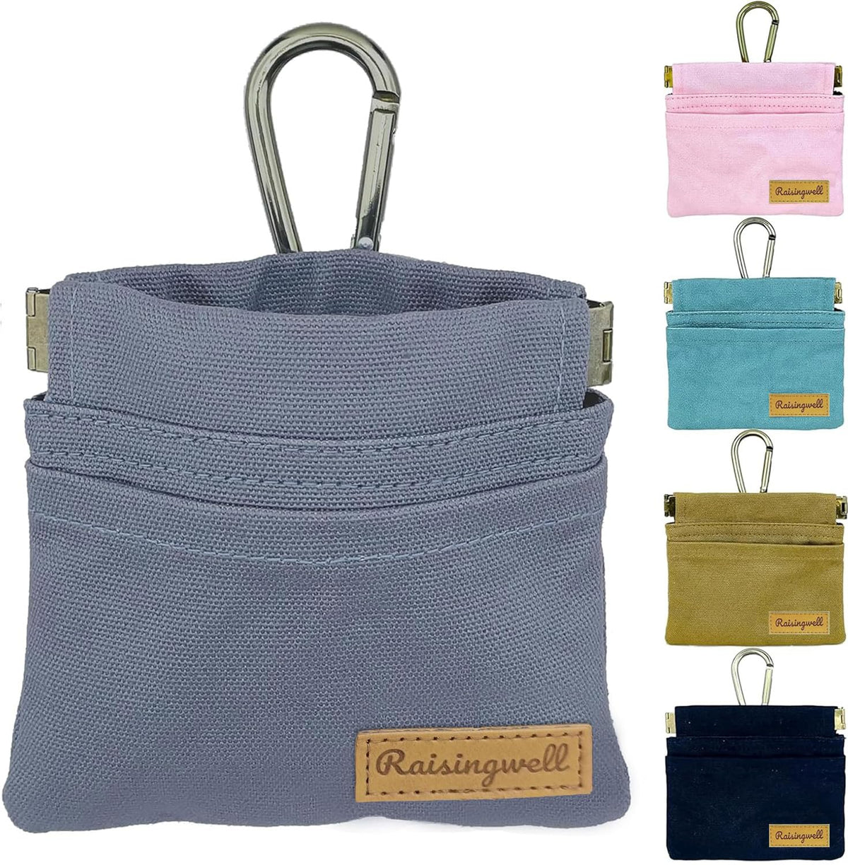 Raisingwell dog treat pouch front view, compact pocket size for hands-free walks.