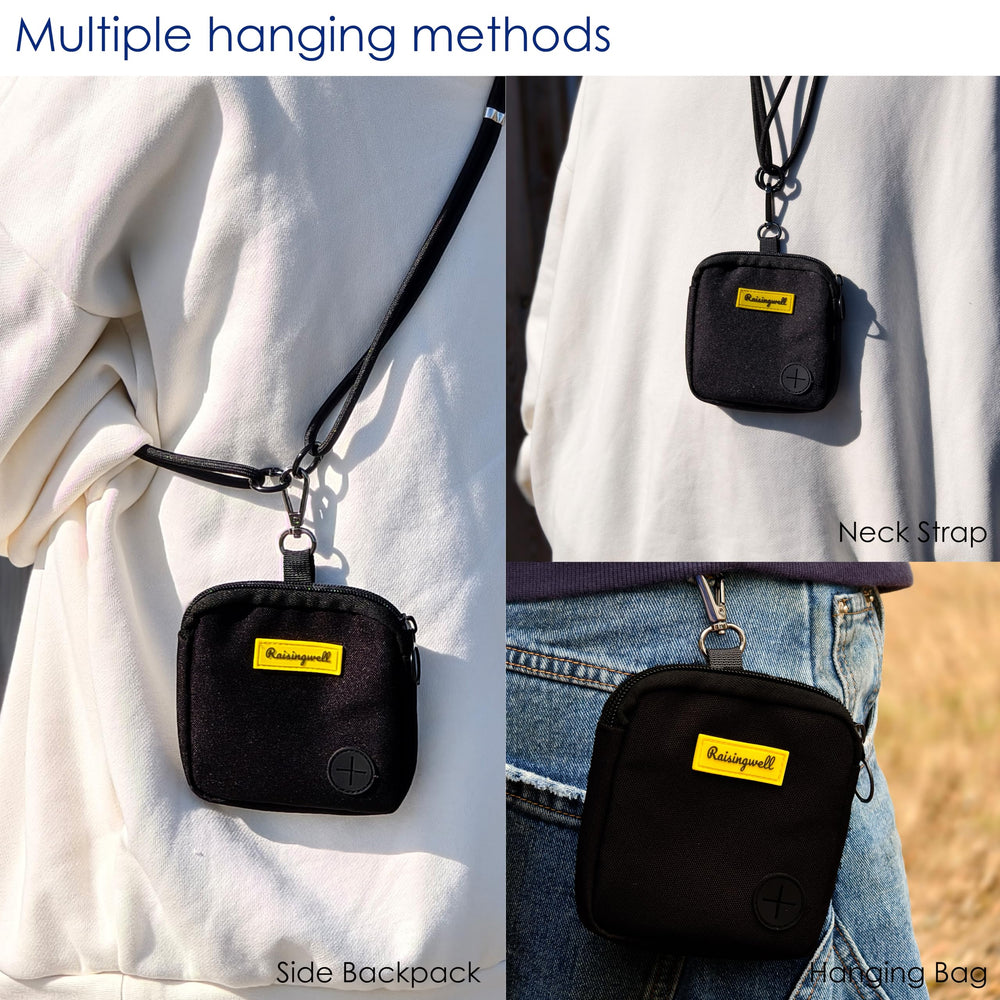 Raisingwell dog treat pouch internal pocket stores poop bags or tissues.