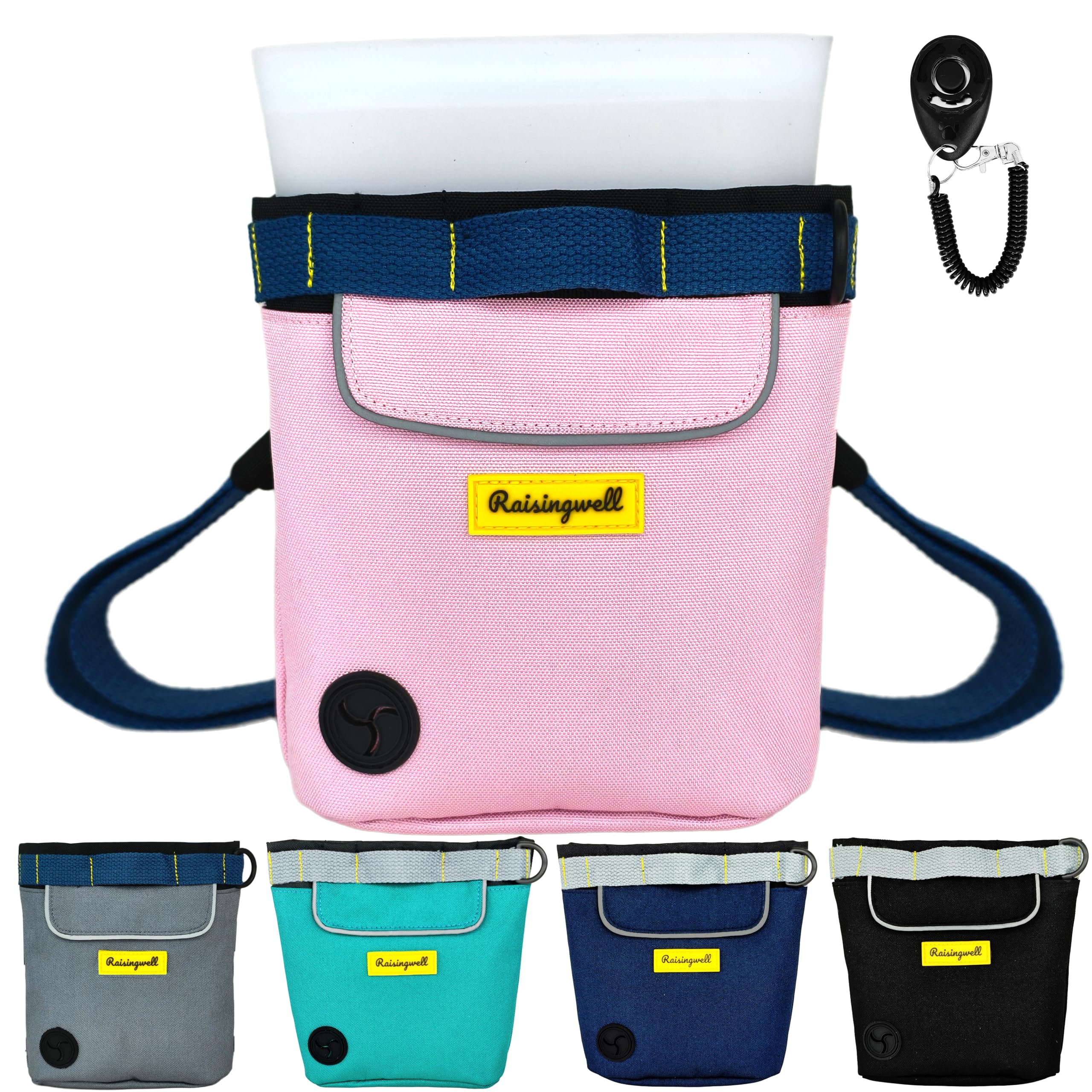 Raisingwell dog treat pouch pink side view, compact training accessory for walks.