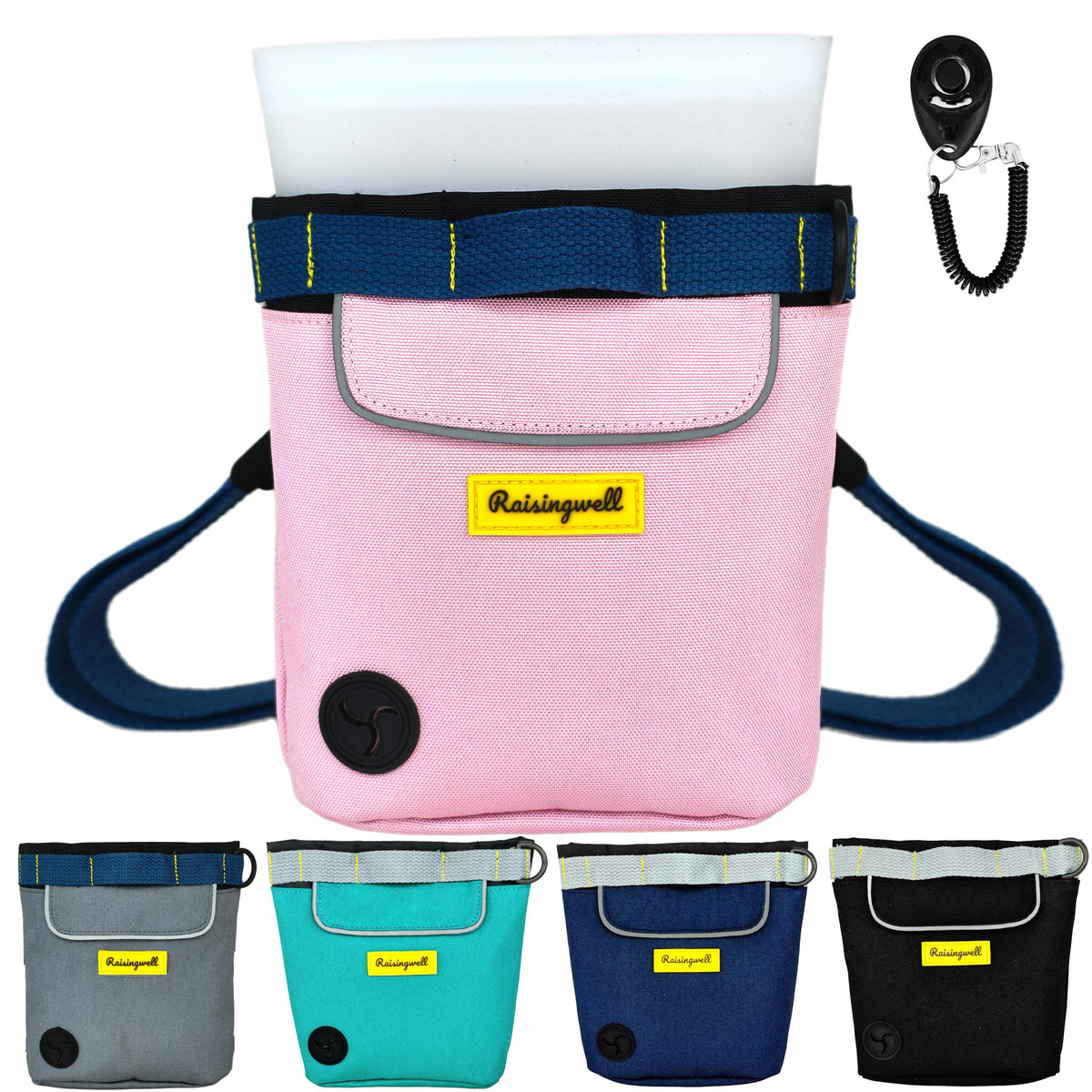 Raisingwell dog treat pouch pink side view, compact training accessory for walks.
