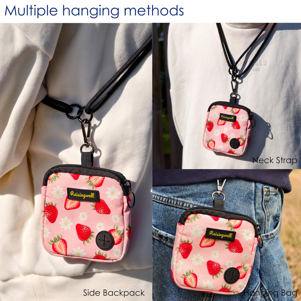 Raisingwell dog treat pouch strawberry washable material simplifies cleanup after adventures.