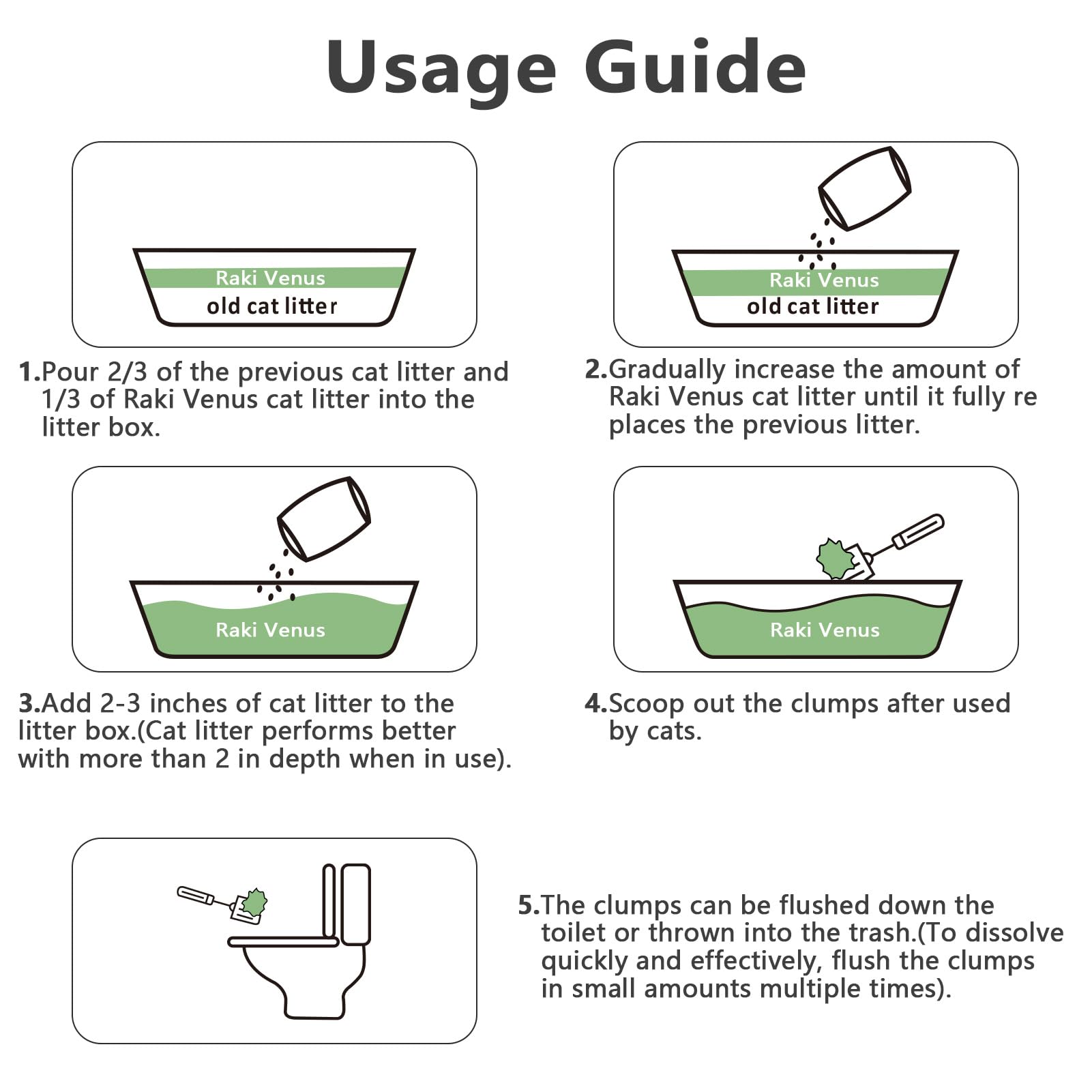 Raki Venus Tofu Cat Litter four-pack packaging emphasizes eco-friendly disposal.