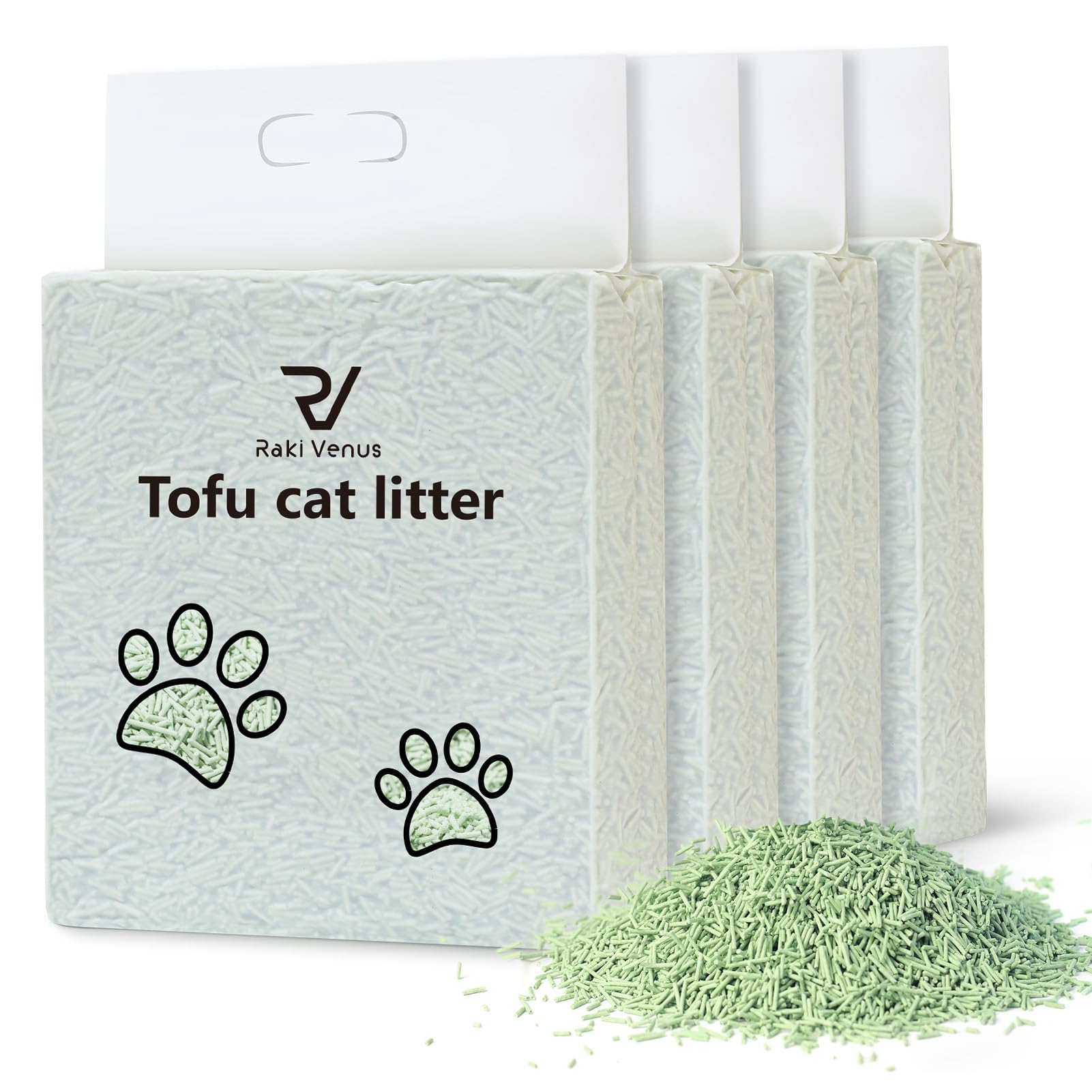 Raki Venus Tofu Cat Litter green tea packaging with a 4-pack for odor control.