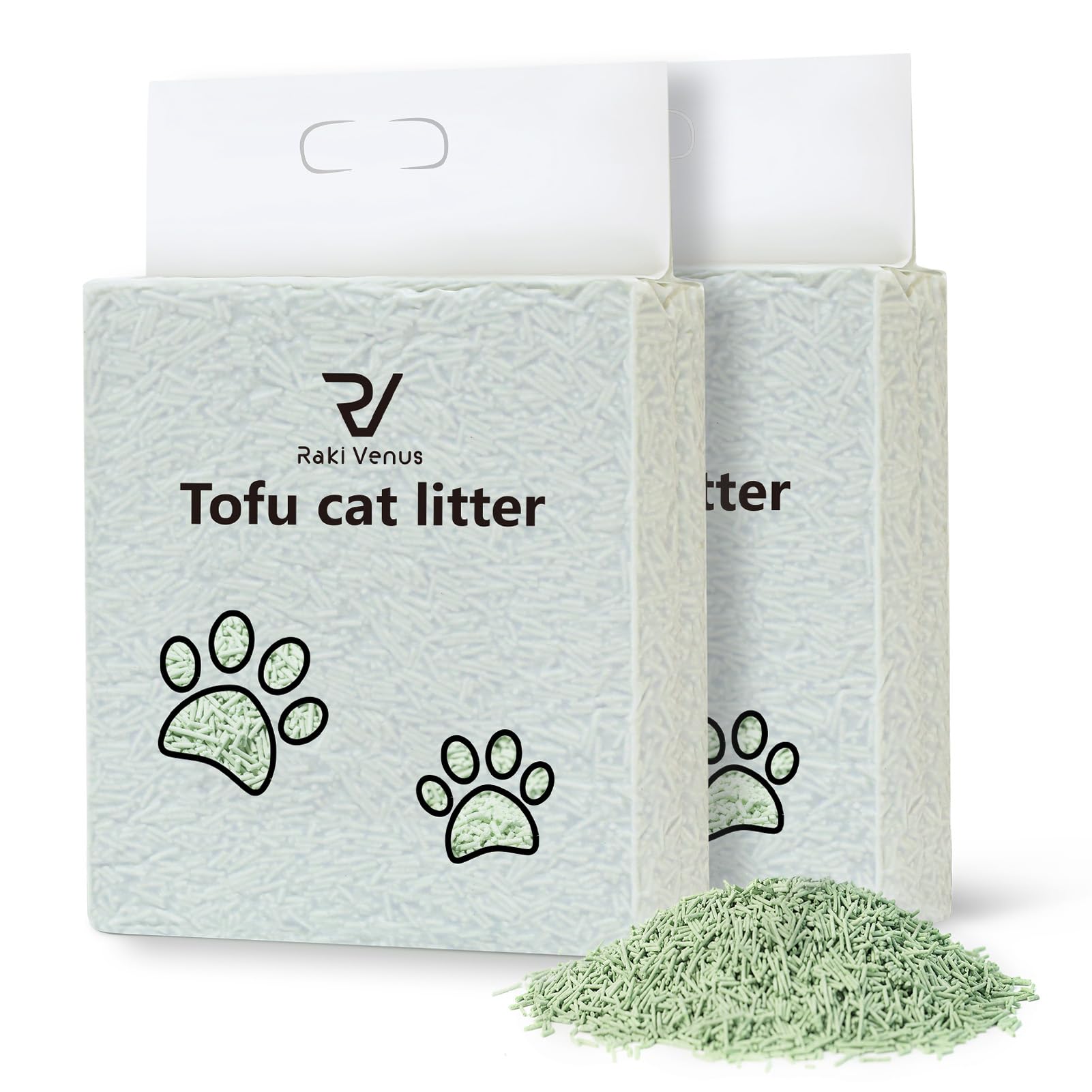 Raki Venus tofu litter green-tea pellets close-up demonstrates quick clumping for easy scooping.