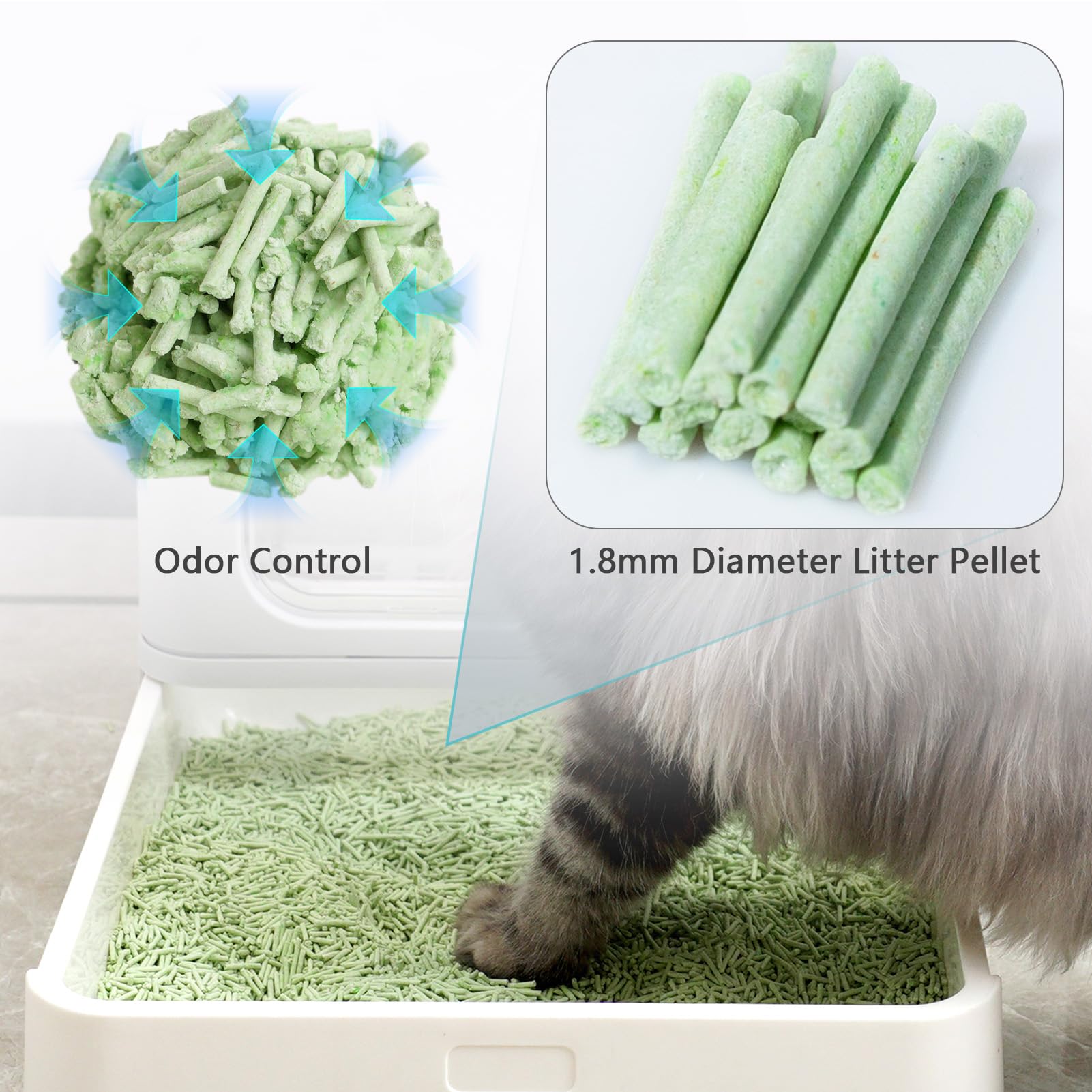 Raki Venus Tofu Cat Litter low-tracking due to small pellets that cling less.