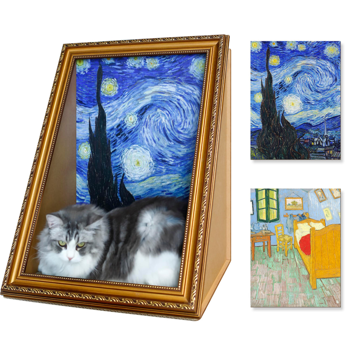RAKKIHORU Cat Living in Famous Painting front view highlights an artful rest nook for felines.