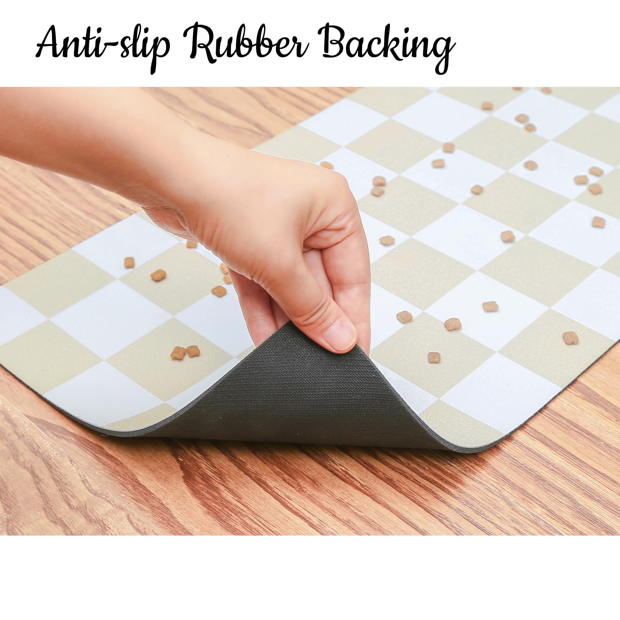 Ralxion checkered dog feeding mat in a kitchen setup under bowls