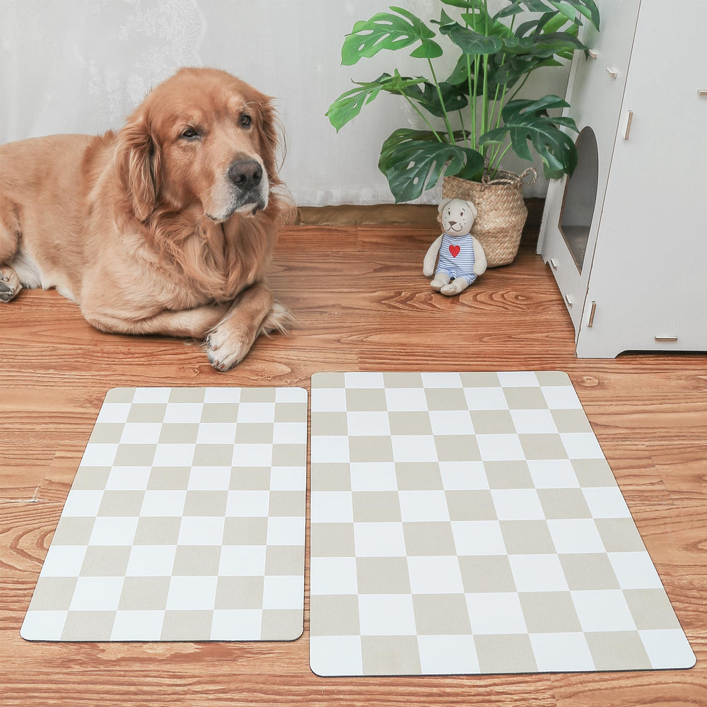 Ralxion checkered dog feeding mat with water bowl and dispenser setup
