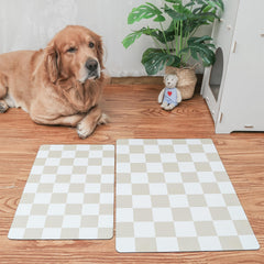 Ralxion checkered dog feeding mat with water bowl and dispenser setup