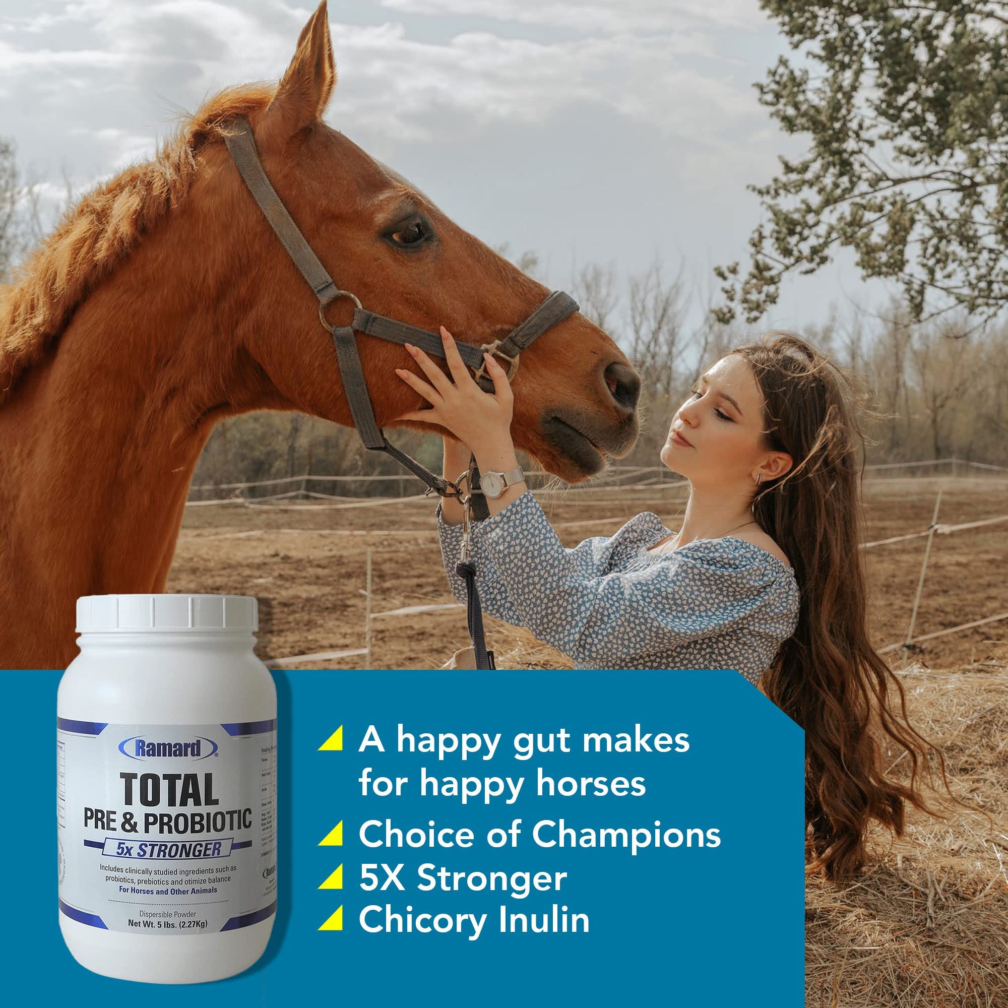 Ramard Total Prebiotic & Probiotic Equine Formula label highlights natural prebiotics and probiotics for digestive balance