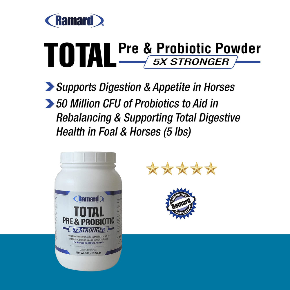 Ramard Total Prebiotic & Probiotic Equine Formula powder with scoop ready for daily administration in stables