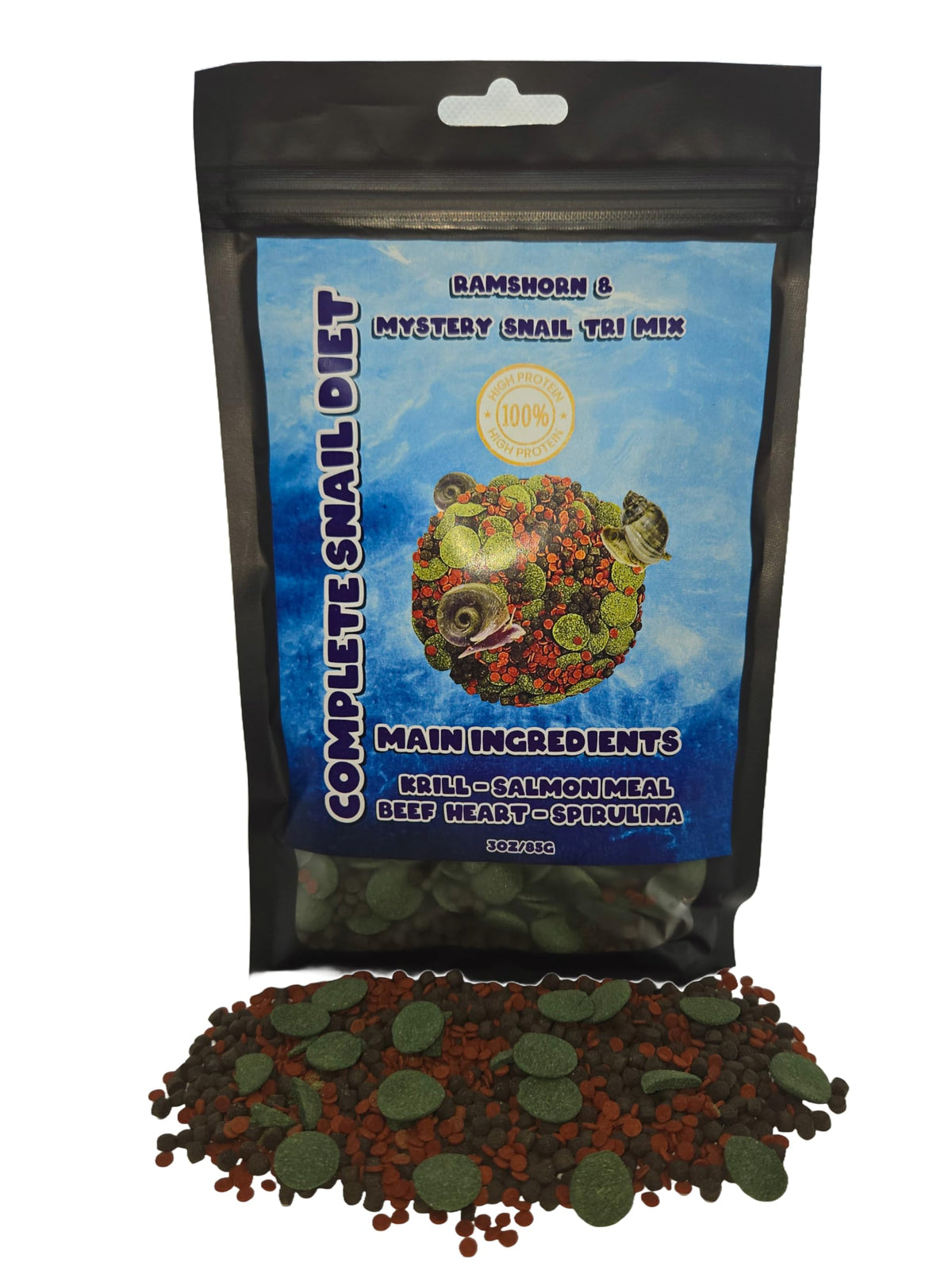 Ramshorn and Mystery Snail Complete Diet packaging emphasizes balanced nutrition for snails