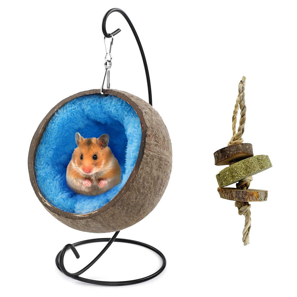 Ranslen coconut hamster hideout with molar toy hanging bed offers a cozy play-and-rest spot.