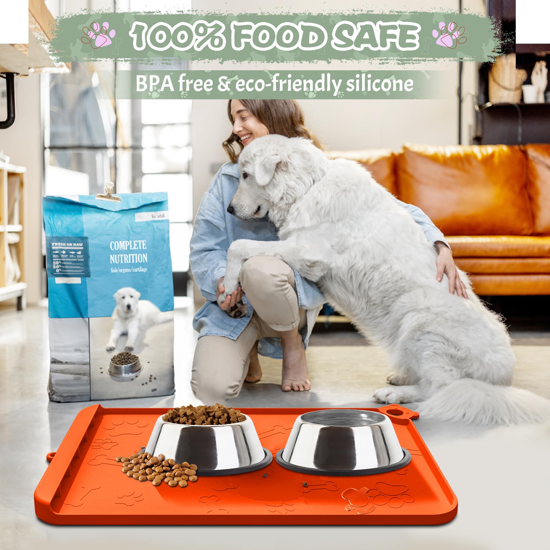 RAOUOEN dog food mat compatible with bowls, fountains, and automatic feeders.
