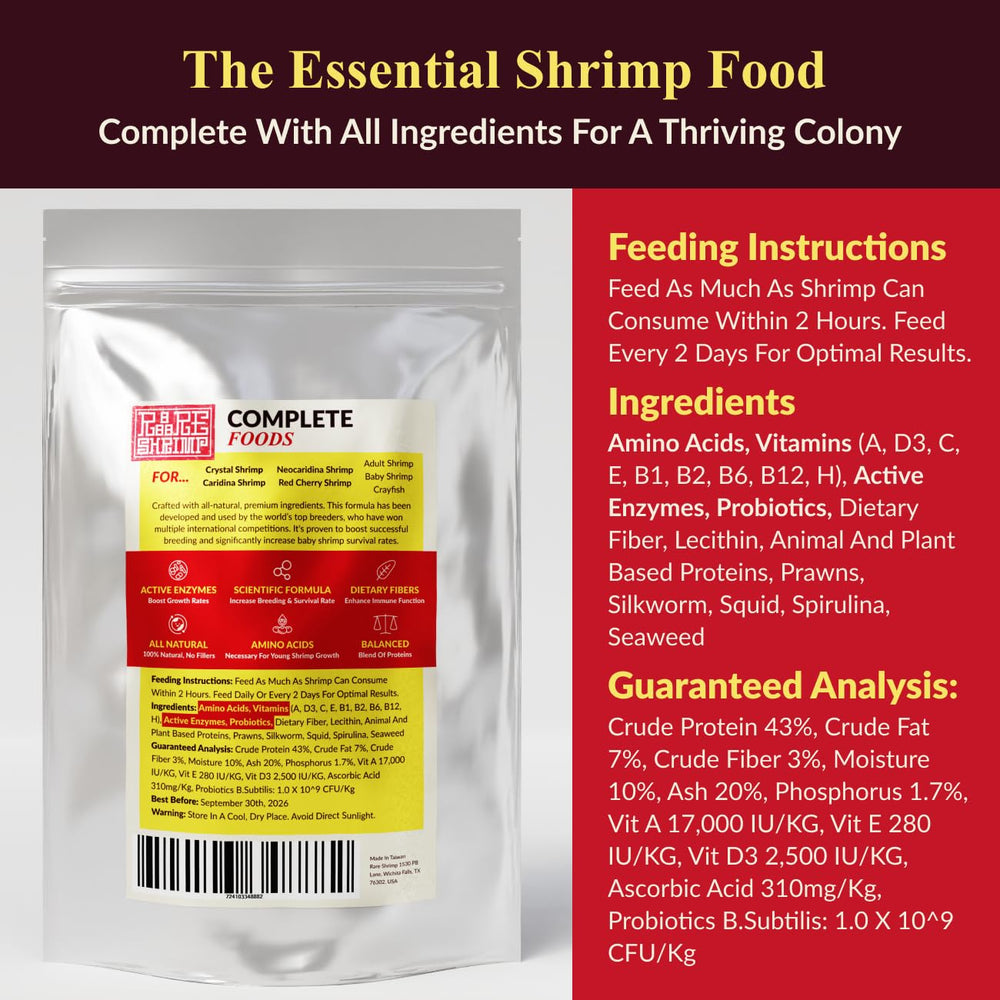 Rare Shrimp Professional Food ingredients closeup reveals squid, spirulina, and probiotics.