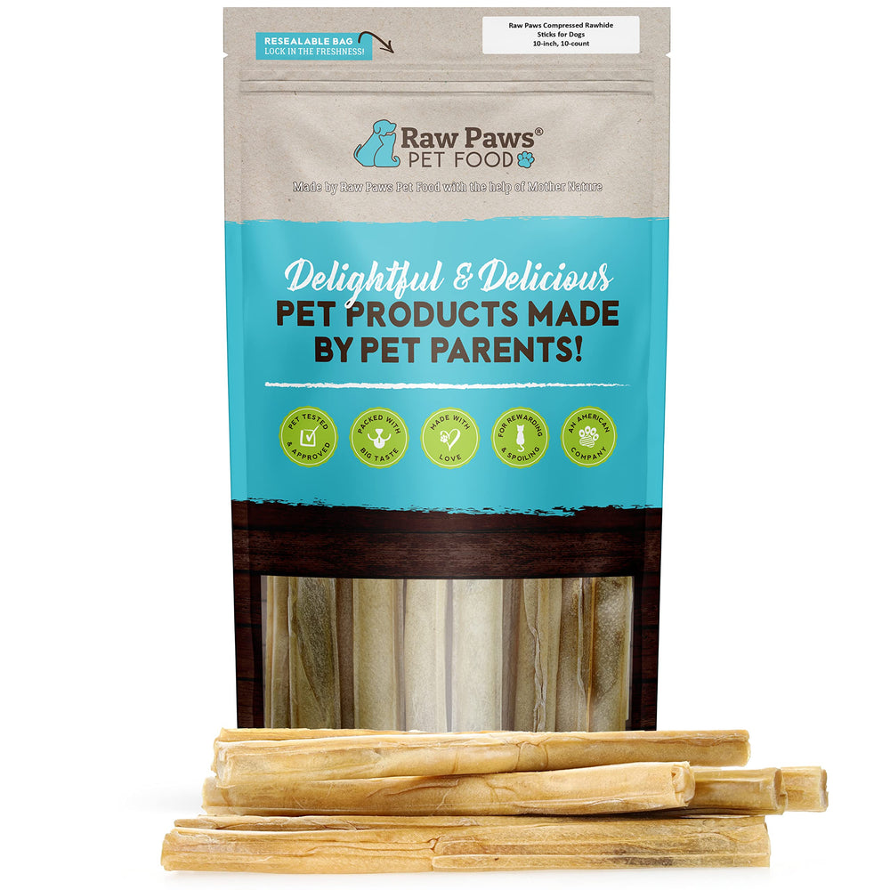 Raw Paws 10-inch rawhide stick pack for dogs supports long-lasting chewing sessions.