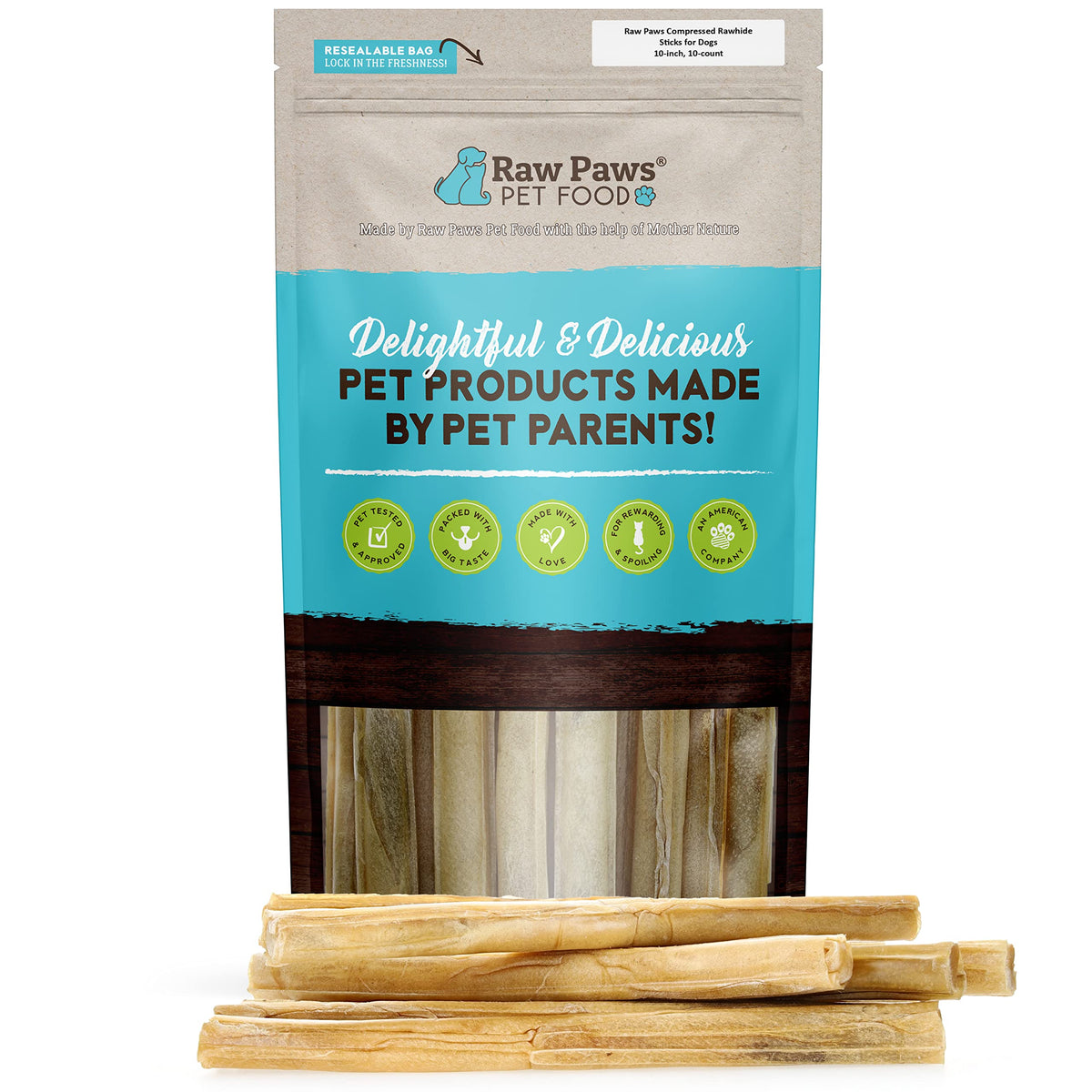 Raw Paws 10-inch rawhide stick pack for dogs supports long-lasting chewing sessions.