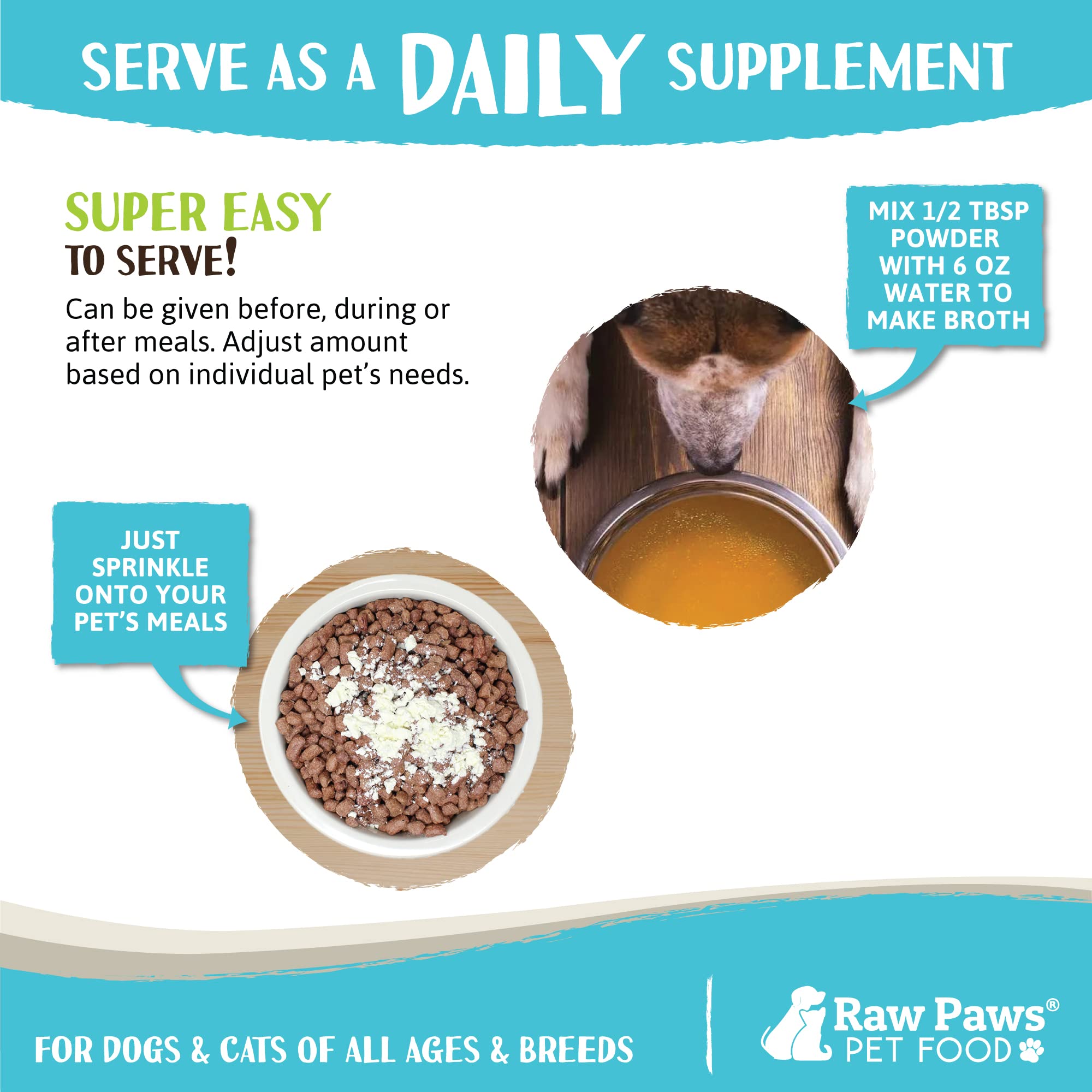 Raw Paws bone broth ingredients closeup highlights collagen and amino acids.