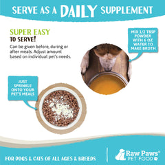 Raw Paws bone broth ingredients closeup highlights collagen and amino acids.