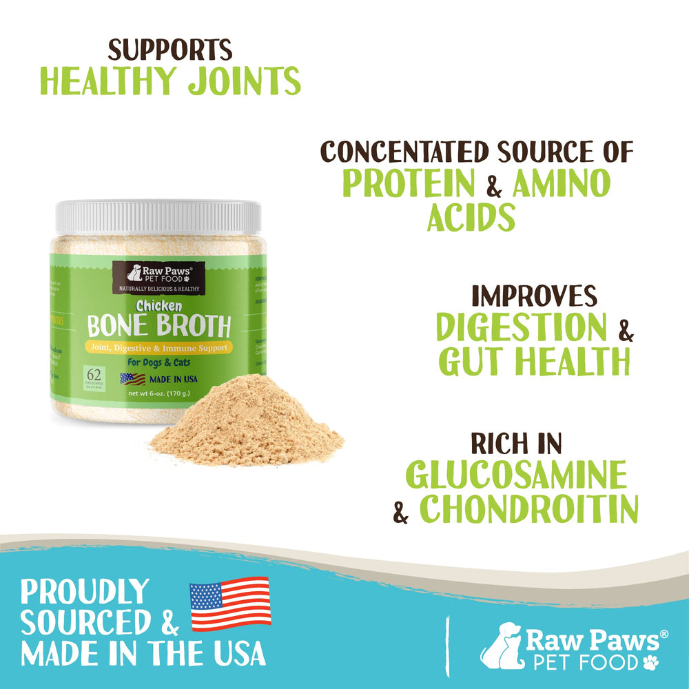 Raw Paws bone broth powder topping dog food showcases palatability and nutrition.