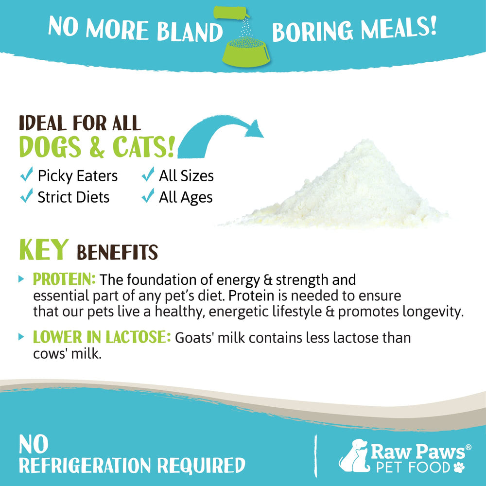 Raw Paws Boost Goat Milk Powder close-up shows fine powder texture ideal for sprinkling.