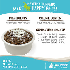 Raw Paws Boost Goat Milk Powder atop meals offers natural flavor enhancement for dogs and cats.