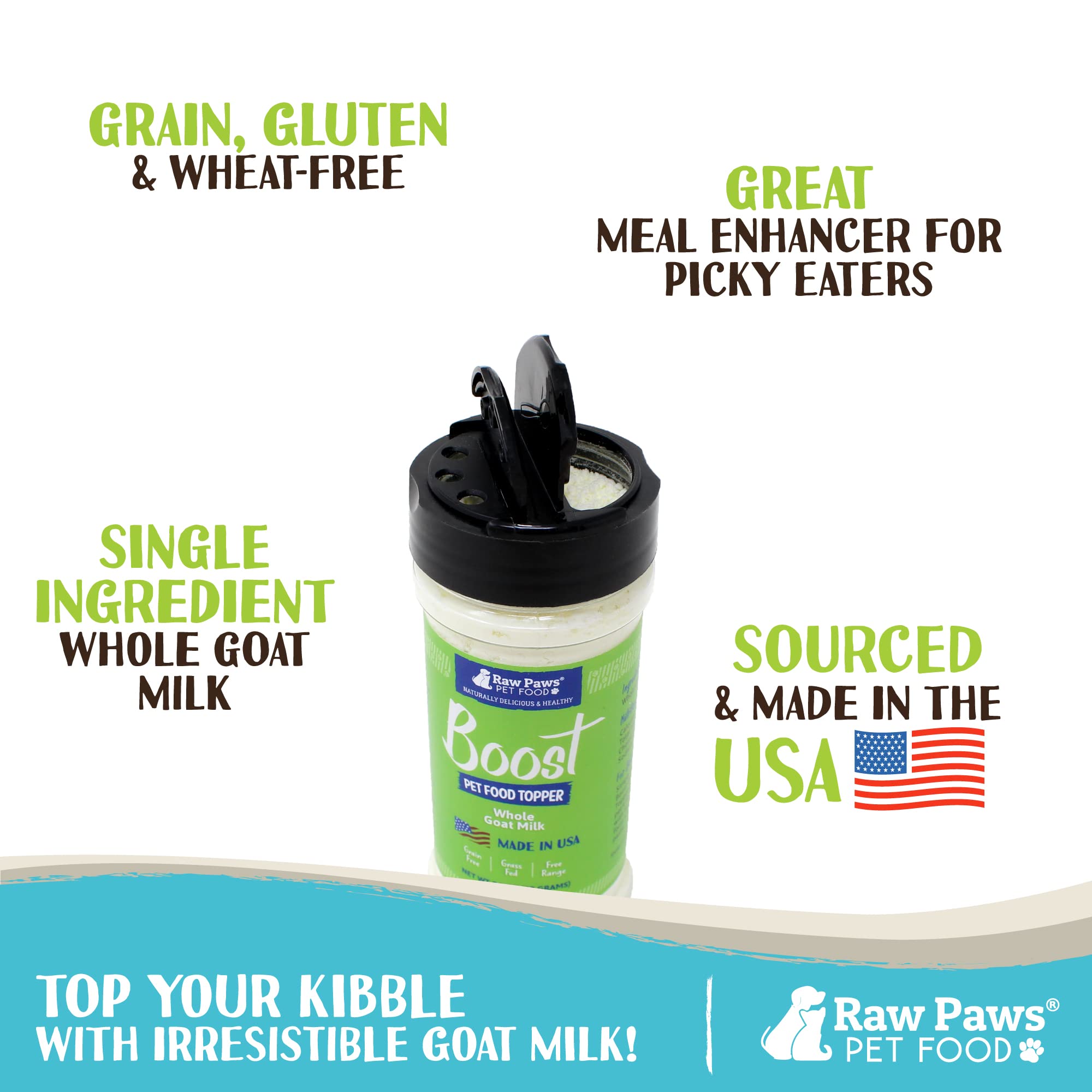 Raw Paws Boost Goat Milk Powder sprinkle on kibble demonstrates easy topping for picky eaters.