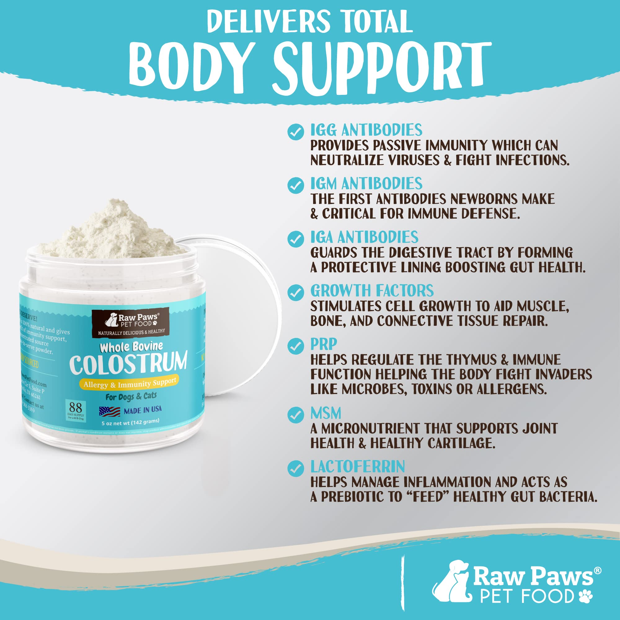 Raw Paws colostrum suitable for puppies through seniors for immune resilience.