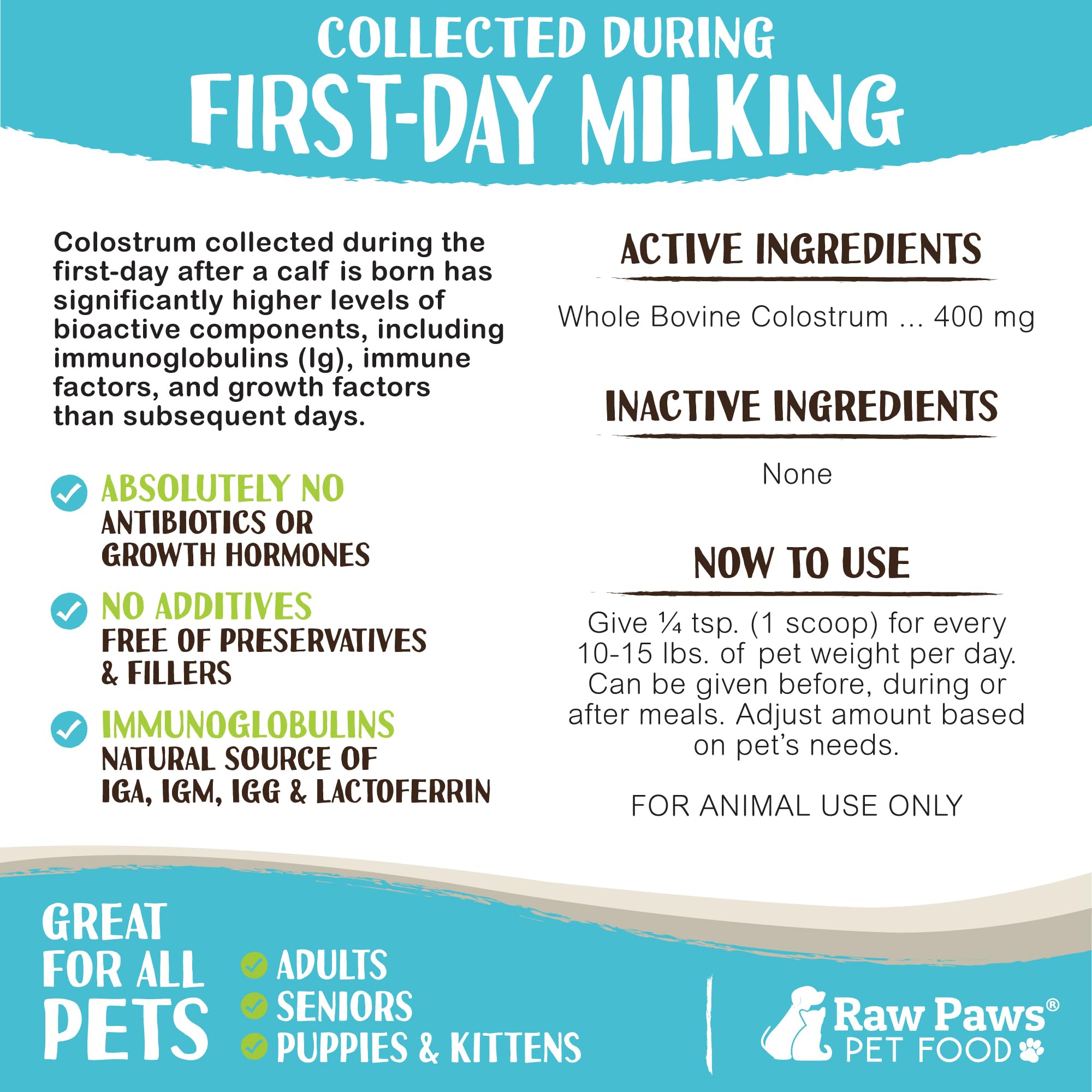 Raw Paws bovine colostrum supports gut health and digestion in pets.