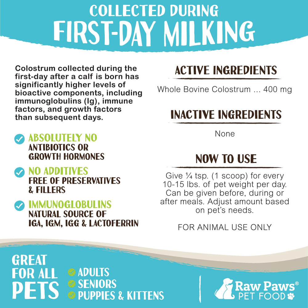 Raw Paws bovine colostrum supports gut health and digestion in pets.