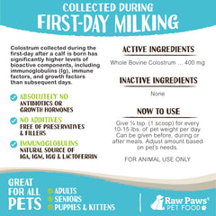 Raw Paws bovine colostrum supports gut health and digestion in pets.