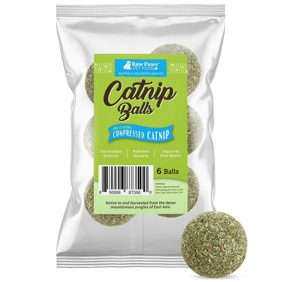 Raw Paws catnip ball closeup highlighting natural aroma for engaging indoor play.