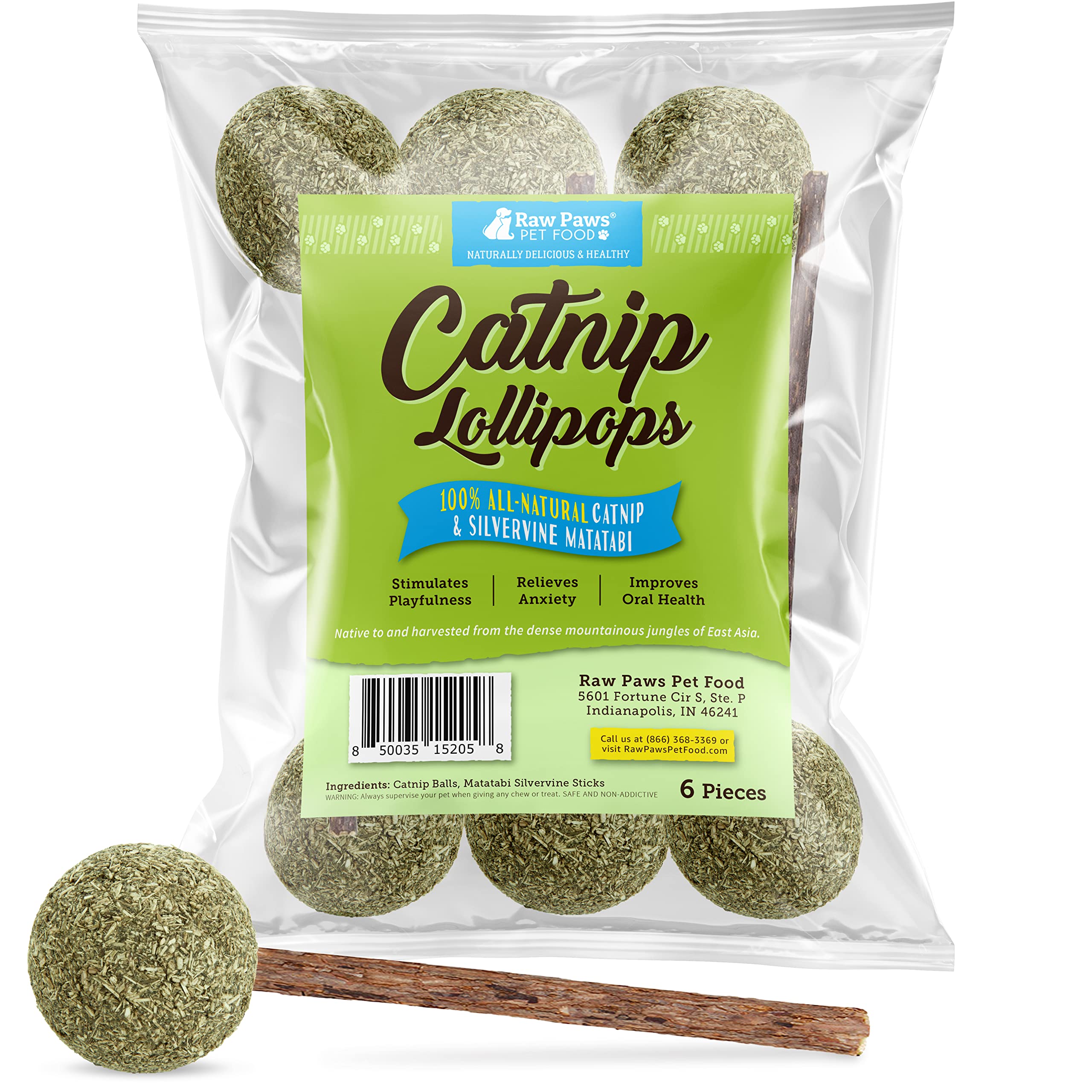 Raw Paws catnip-silvervine lollipops pack closeup for engaging indoor cats.