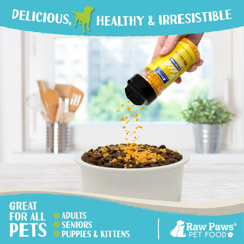 Raw Paws cheddar cheese topper sprinkle boosts kibble appeal for dogs and cats.