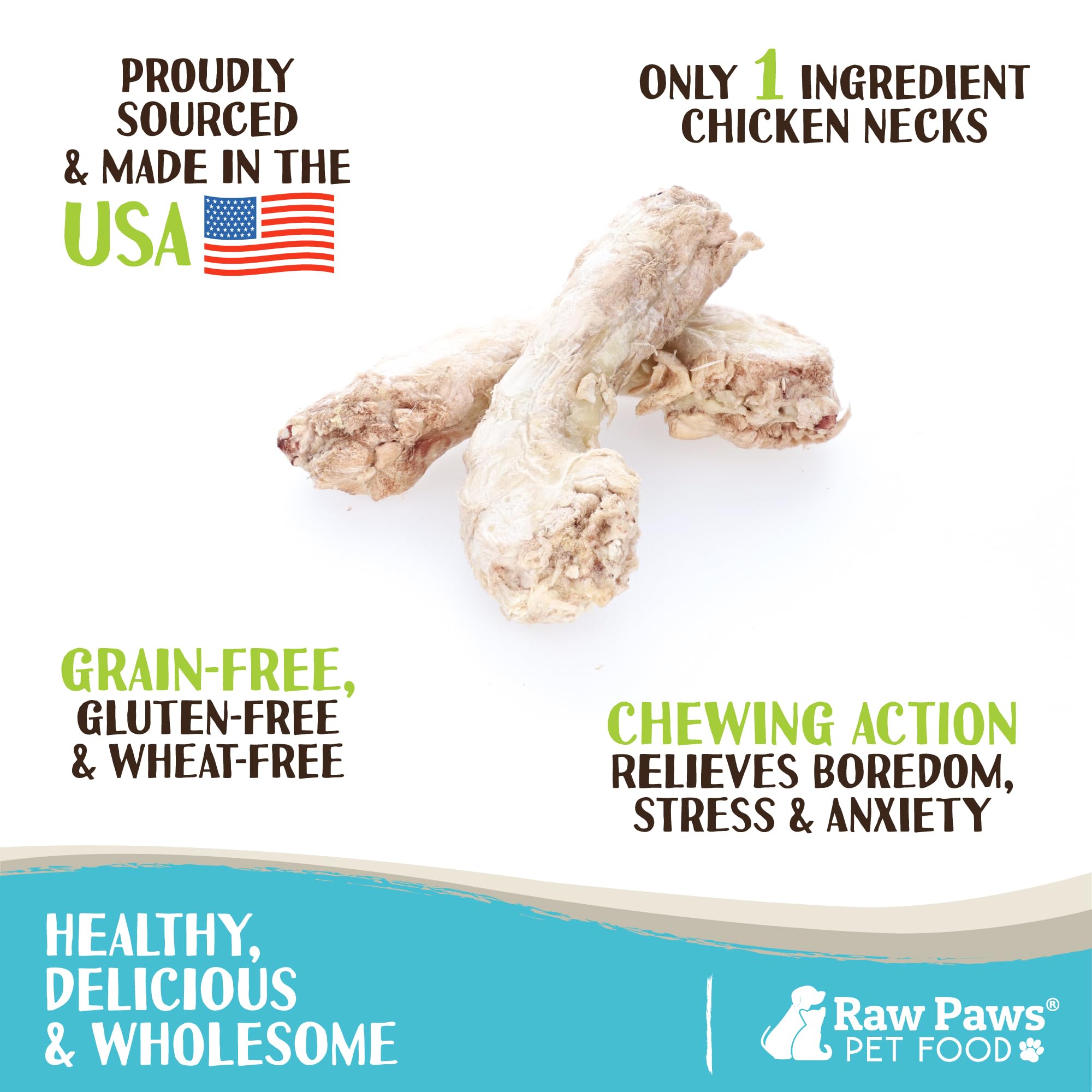 Raw Paws chicken necks close-up texture shows crunchy dental-friendly chew