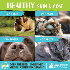 Raw Paws coconut oil applied to a dog's paw and nose for moisturization.
