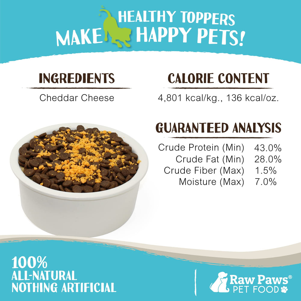 Raw Paws dog and cat food topper jar shows easy shake-on application.