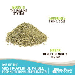 Raw Paws dog-cat kelp powder dispense shows easy dosing for thyroid-supportive nutrition.